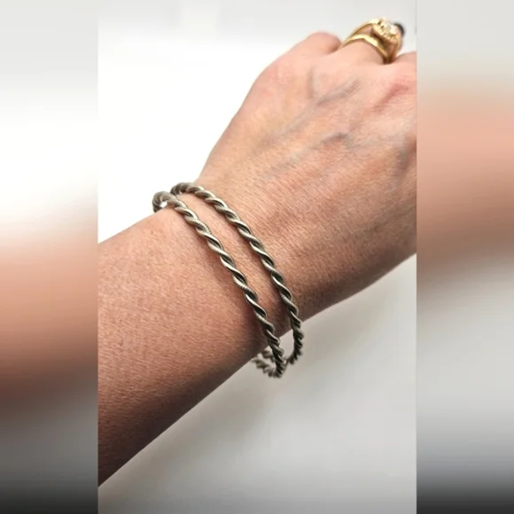 🟢3/$19🟢 Handmade Silver Twisted Double Dual Bangle Bracelet Stack - Picture 3 of 7